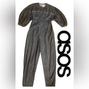 ASOS Denim Jumpsuit Women’s Size US 6 UK 10 Blue Balloon Sleeve Tapered Waist‎